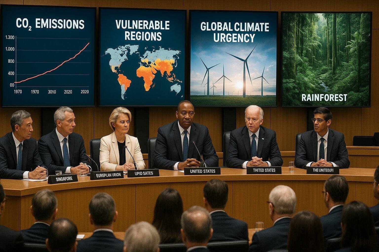 Leaders and delegates discussing climate pledges at COP30 in Brazil, with charts, renewable energy imagery, and the Amazon rainforest in the background.