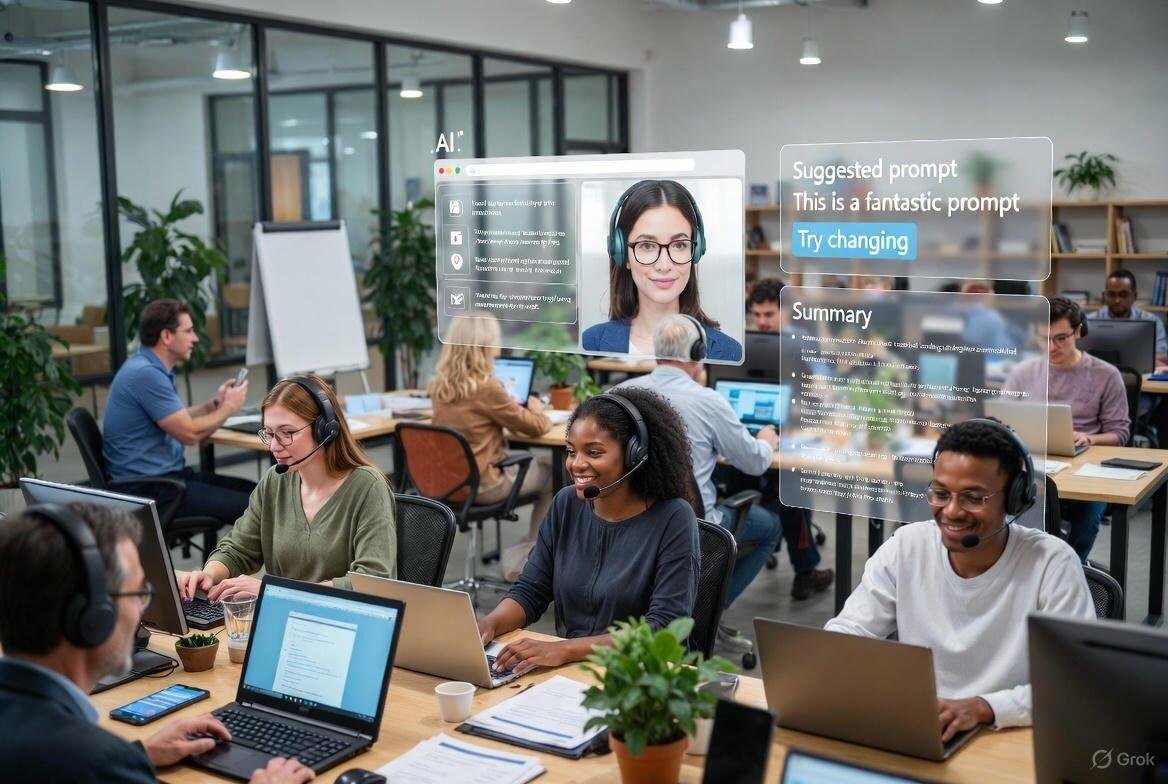 A diverse group of people interacting with ChatGPT in a multi-user chat environment, with AI providing real-time insights, summaries, and task suggestions