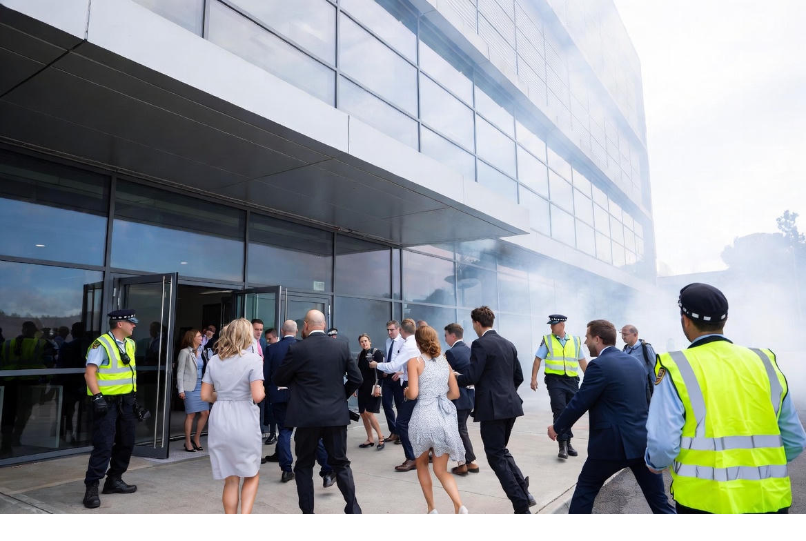 Emergency responders guide delegates out of the conference hall amid rising smoke