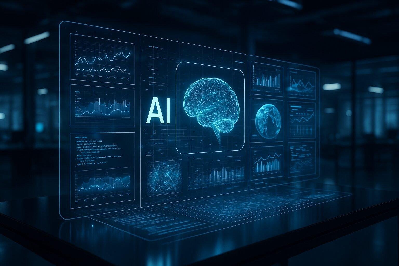 Illustration of a futuristic AI system analyzing text, images, and structured data simultaneously, representing Google’s Gemini multimodal intelligence.