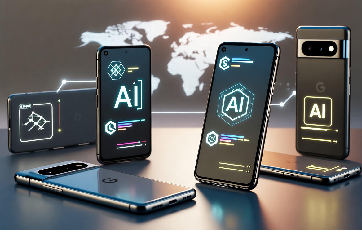 Google Pixel 10 lineup displayed on a futuristic background, symbolizing global AI-driven smartphone innovation.