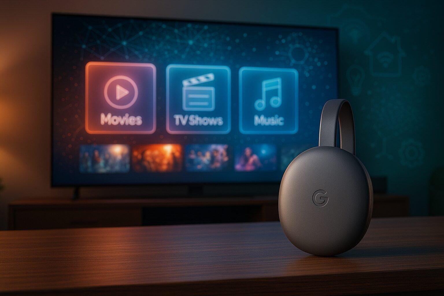 A Google Chromecast 4K streaming device displayed beside a modern smart TV, surrounded by holographic visuals symbolizing AI integration.