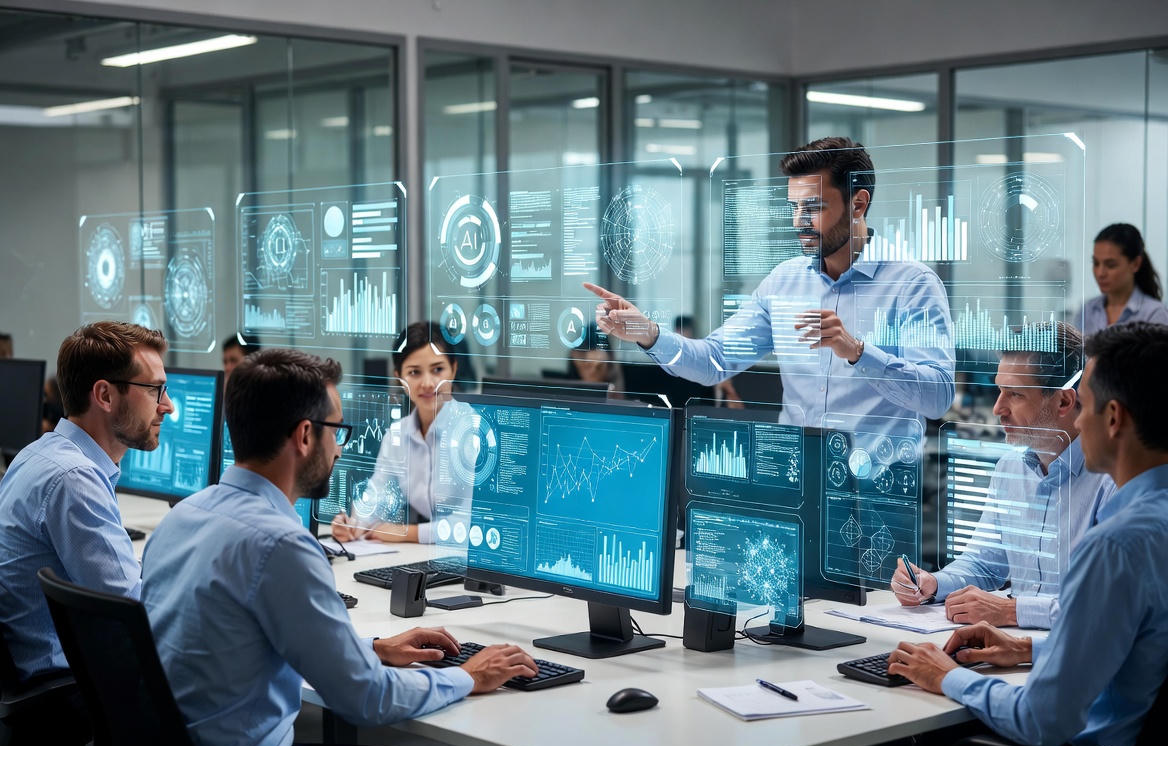 Professional evaluating AI-generated data on a futuristic dashboard.