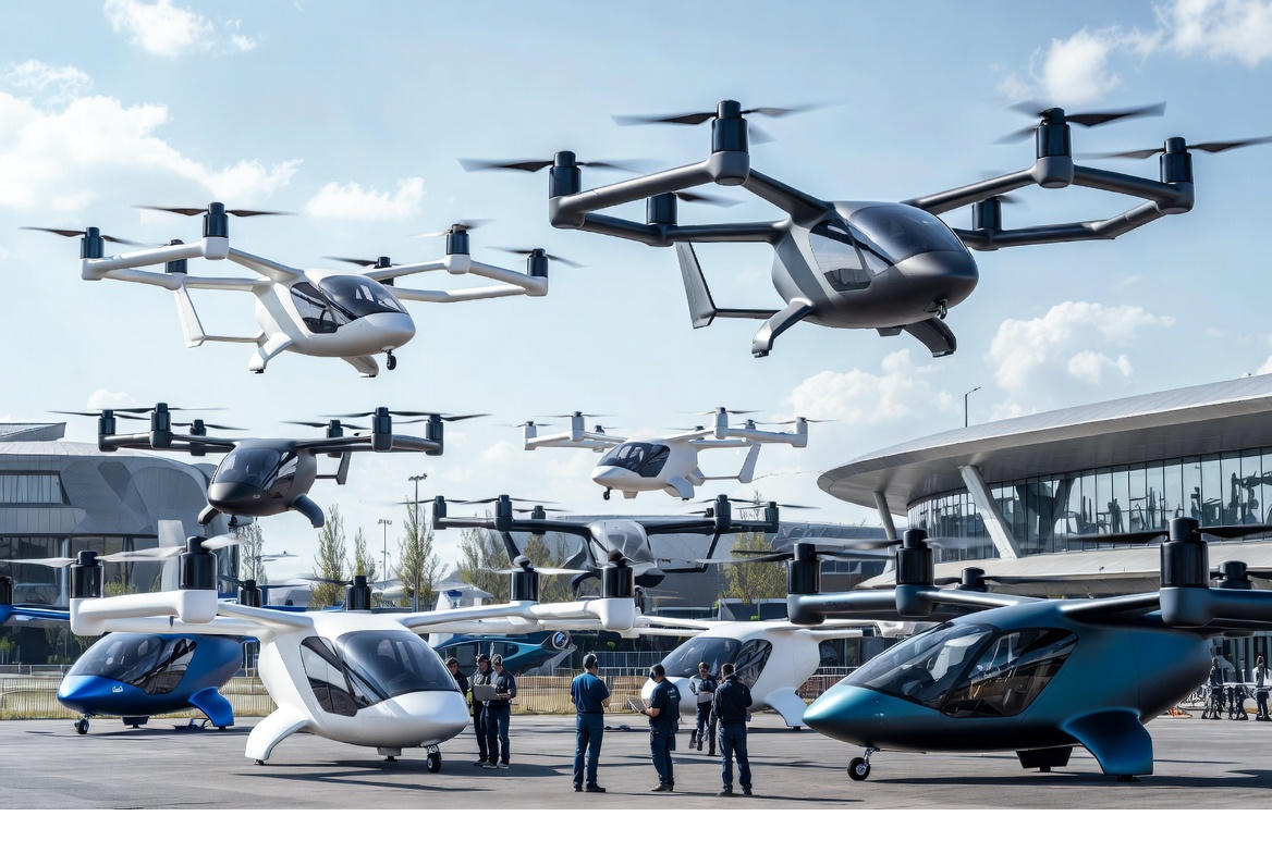 Illustrate two futuristic eVTOL aircraft representing Joby Aviation and Archer, with courtroom imagery and digital schematics floating between them, symbolizing corporate espionage.