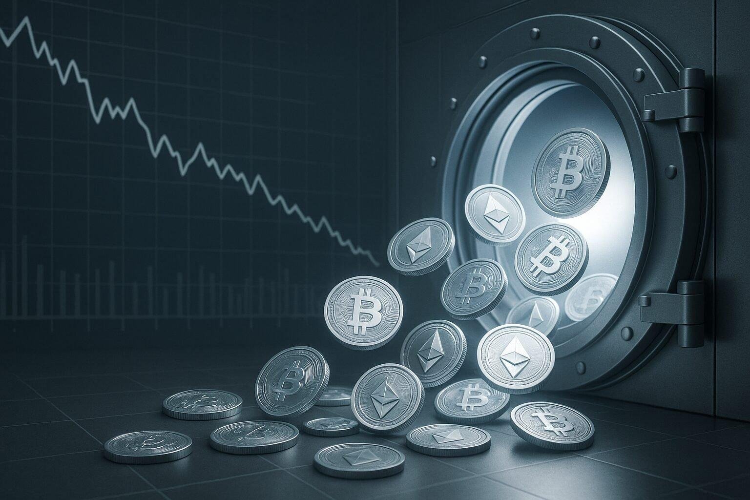 A visual representation of $1.94B in digital asset outflows with Bitcoin and Ethereum symbols flowing out of institutional fund structures.