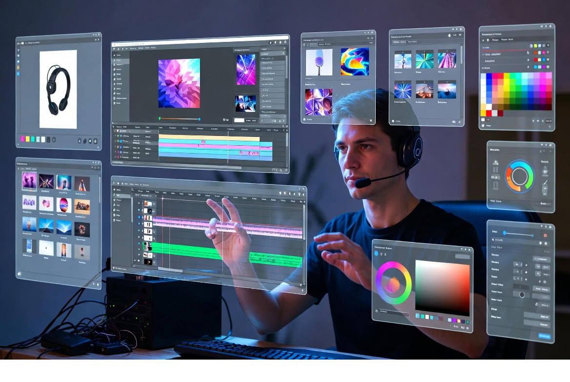 A designer seamlessly editing images, videos, and 3D assets using Google’s Nano Banana Pro powered by Gemini 3 AI.