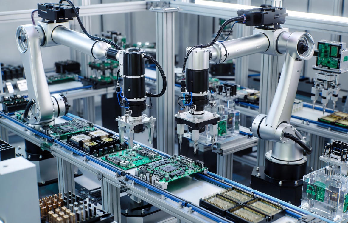 Show a futuristic U.S. AI factory with collaborative robots, engineers overseeing AI hardware production, and advanced assembly lines. Subtle OpenAI and Foxconn branding.