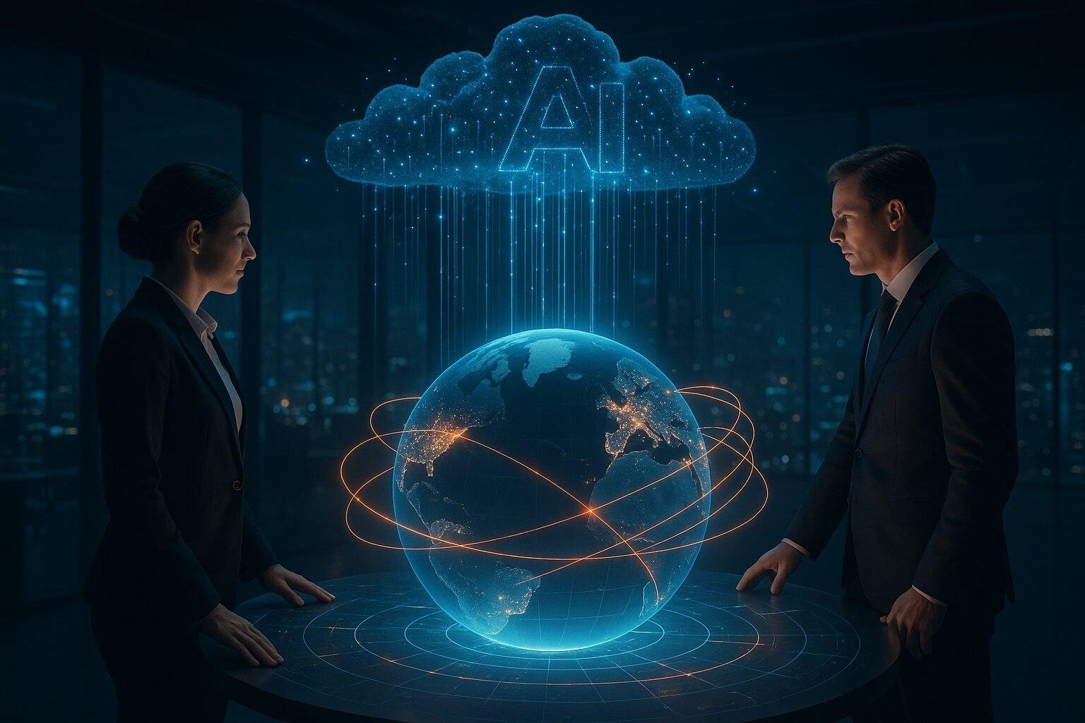 OpenAI and Amazon executives shaking hands in a futuristic data center surrounded by AI-driven cloud networks.