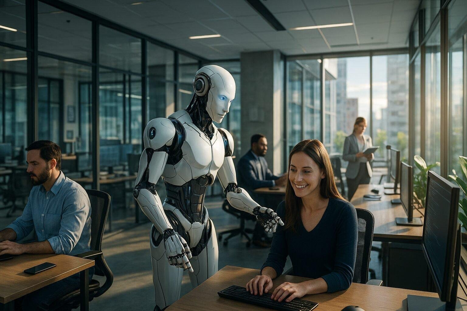 A humanoid AI agent interacting with humans in a smart office environment, performing tasks like document delivery and environmental monitoring