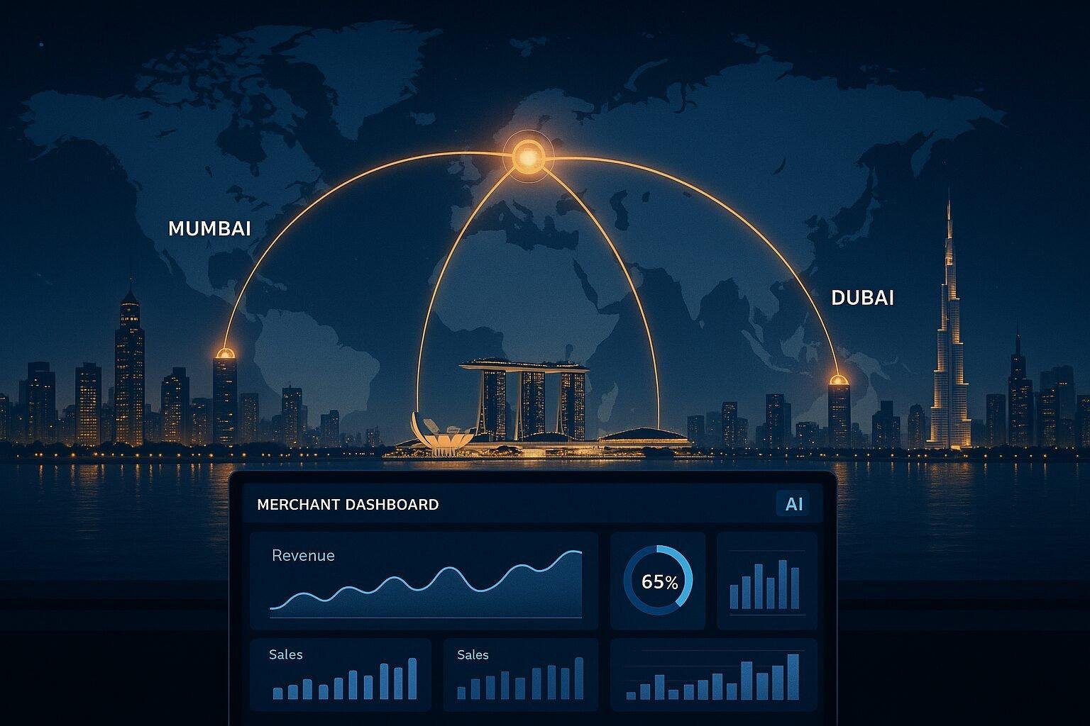Pine Labs technology ecosystem visual showing AI-driven payment interfaces connecting merchants globally.