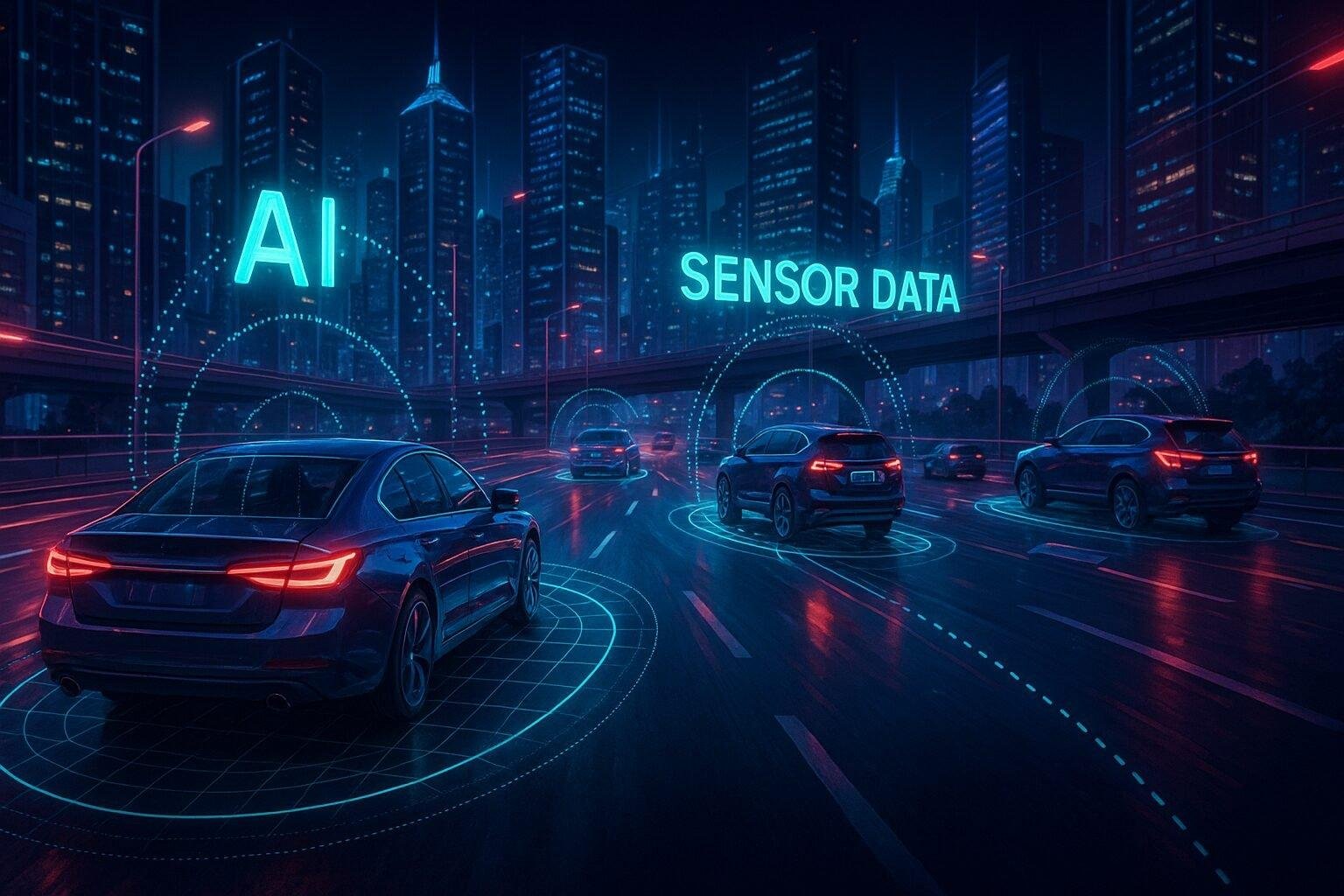 A fleet of drones, autonomous trucks, and robotaxis moving through a smart city with digital overlays showing centimeter-level tracking and AI analytics