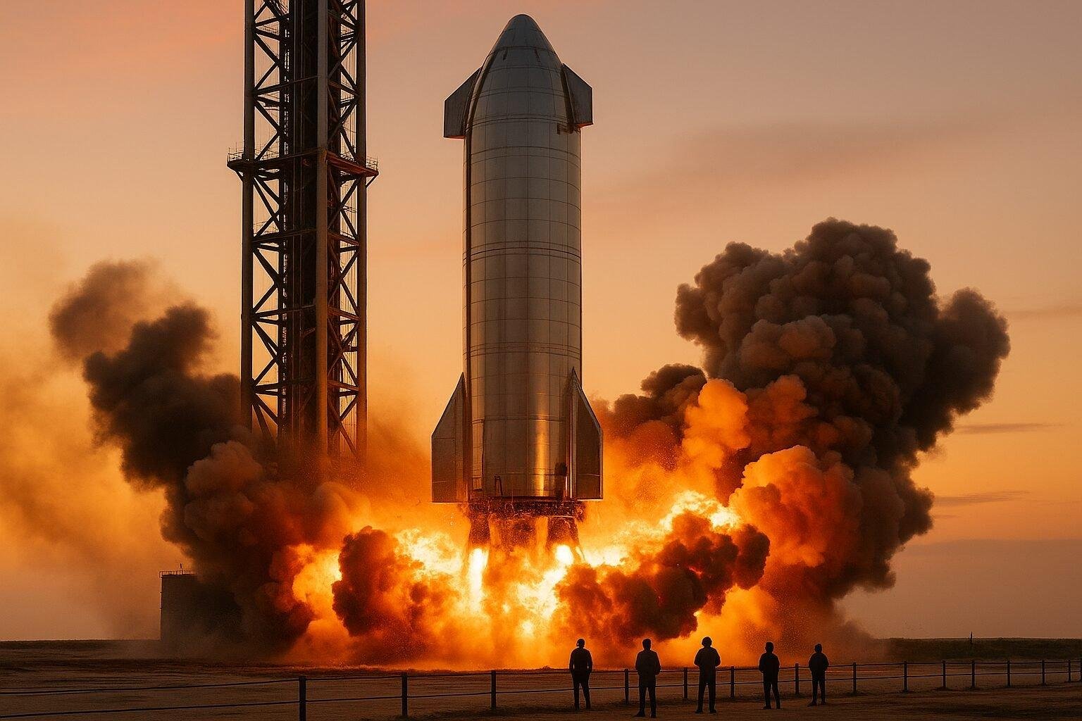 A massive stainless-steel rocket booster at a desert launch site erupting in a dramatic fireball during a pressure test, with engineers observing from a safe distance, glowing flame, dynamic smoke trails, high-detail realism.