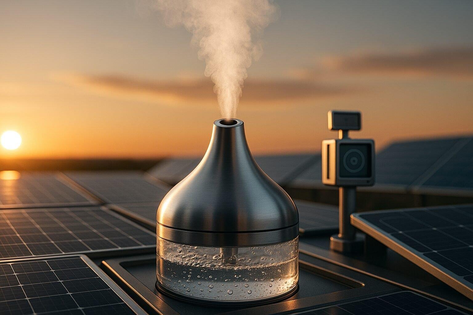 An advanced ultrasonic water-harvesting module operating in a dry landscape, surrounded by clean energy infrastructure.