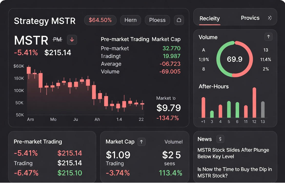 A financial graph showing a sharp $5.4 billion sell-off in Strategy MSTR stock amid crypto market fluctuations.
