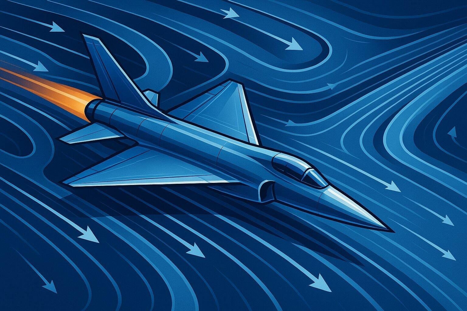 High-speed jet aircraft illustrating coflow fluidic channels redirecting exhaust streams for advanced maneuverability.
