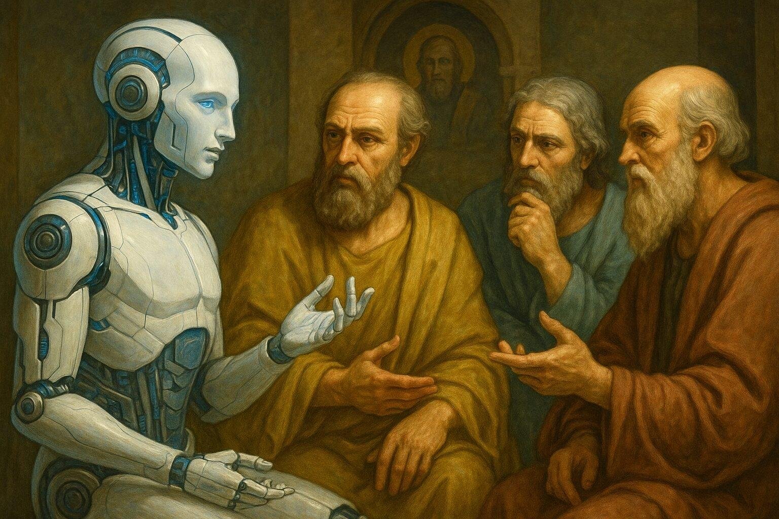 A futuristic roundtable of human and AI figures surrounded by glowing data halos, deliberating under a cosmic dome.