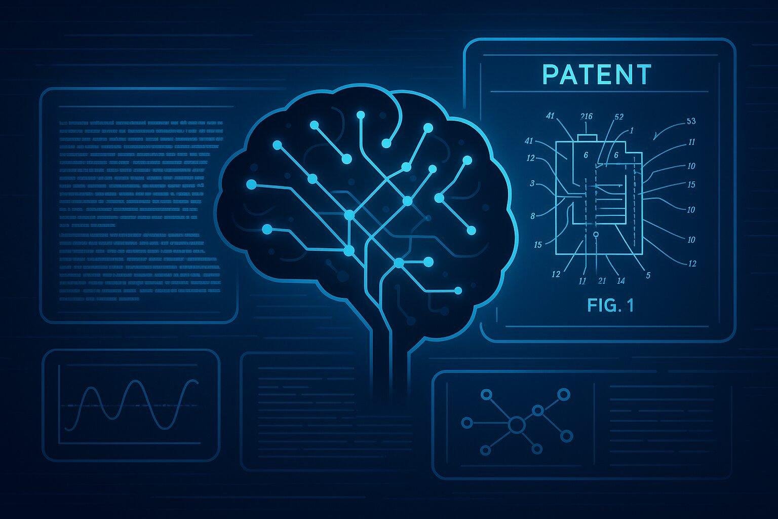 A futuristic AI interface visualizing patent data, blueprints, and neural networks forming the shape of a light bulb — symbolizing innovation.