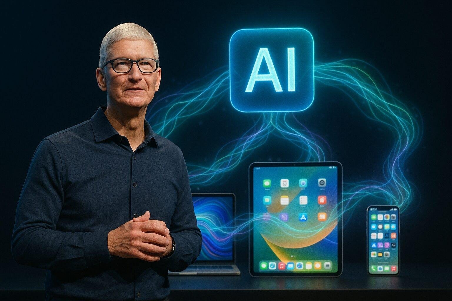 Tim Cook presenting an Apple device surrounded by soft digital light waves symbolizing intelligence and innovation.