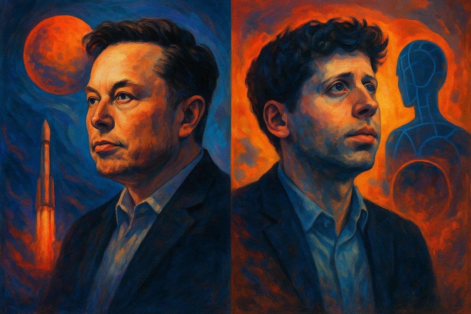 Elon Musk and Sam Altman facing opposite directions, a Tesla Roadster between them, glowing circuits rising like smoke into the sky.