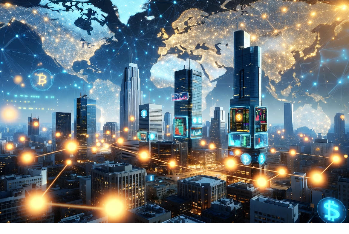 A futuristic global financial network with tokenized digital assets connected across continents, representing the $30 trillion shift driven by tokenization.