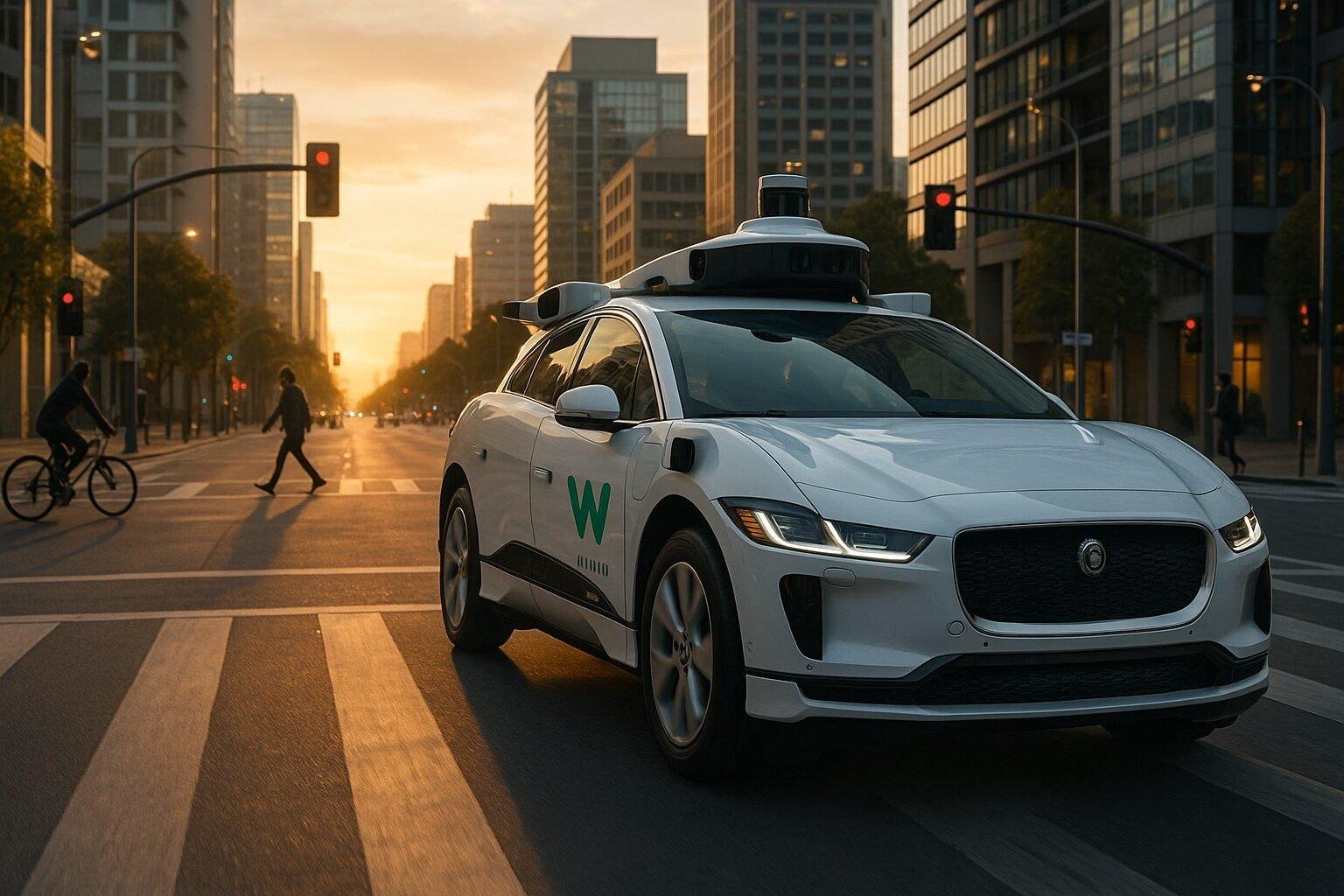 An autonomous Waymo robotaxi navigating a California urban street with sensors active and no human driver inside.