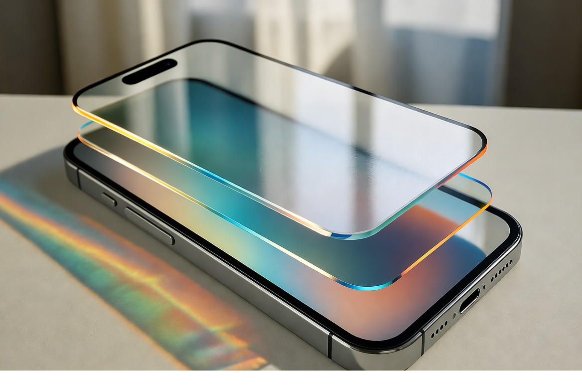 iPhone displaying Apple’s new Liquid Glass interface from iOS 26.1 under dynamic lighting.