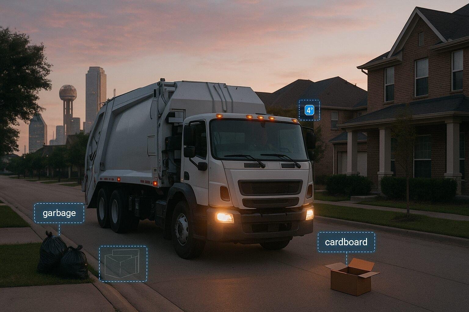 A modern city garbage truck driving through a residential Dallas neighborhood at dawn, equipped with discreet AI-enabled cameras mounted on its exterior.