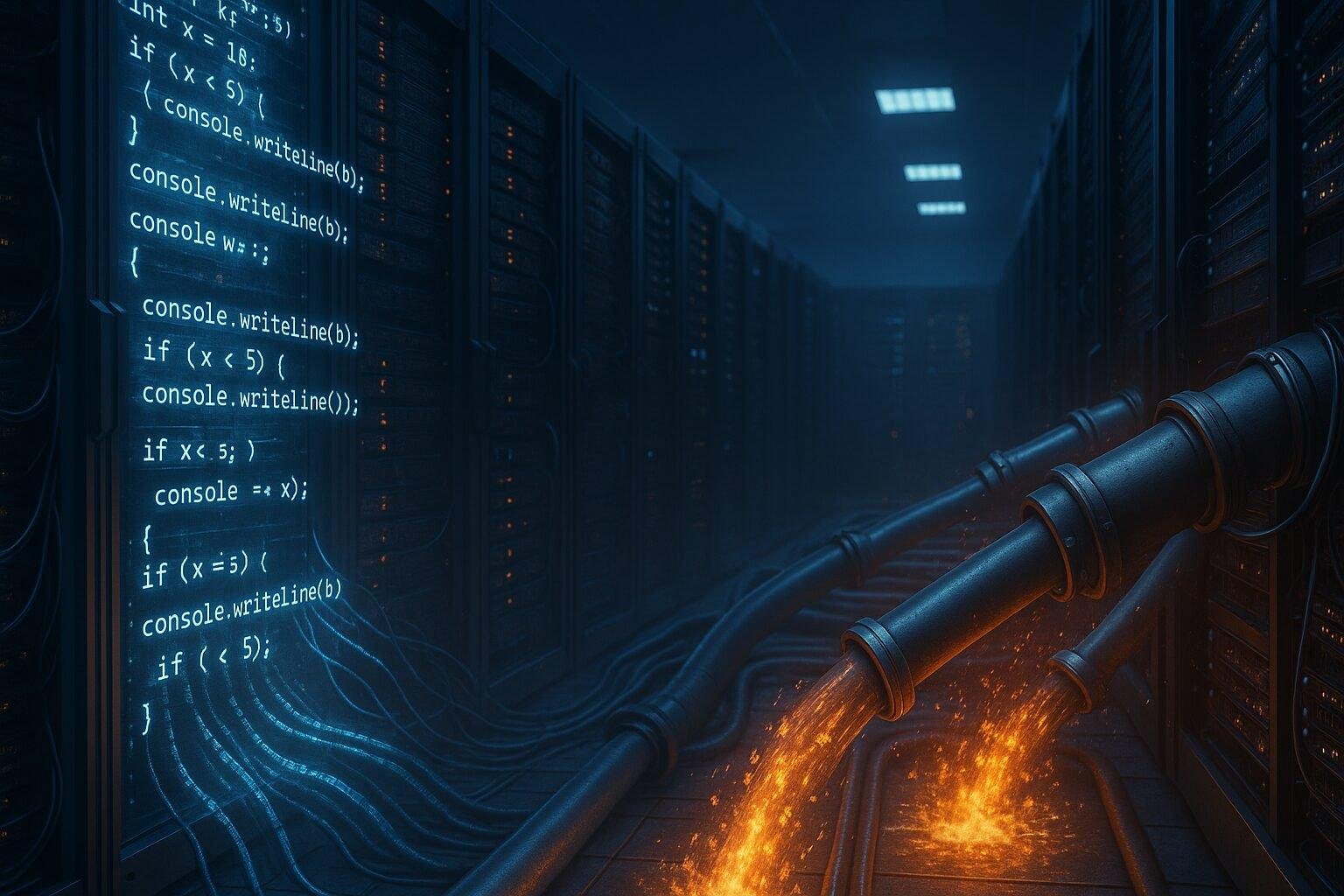 Photorealistic visualization of AI-generated code flowing into a messy production pipeline inside a server room, symbolizing readiness challenges.