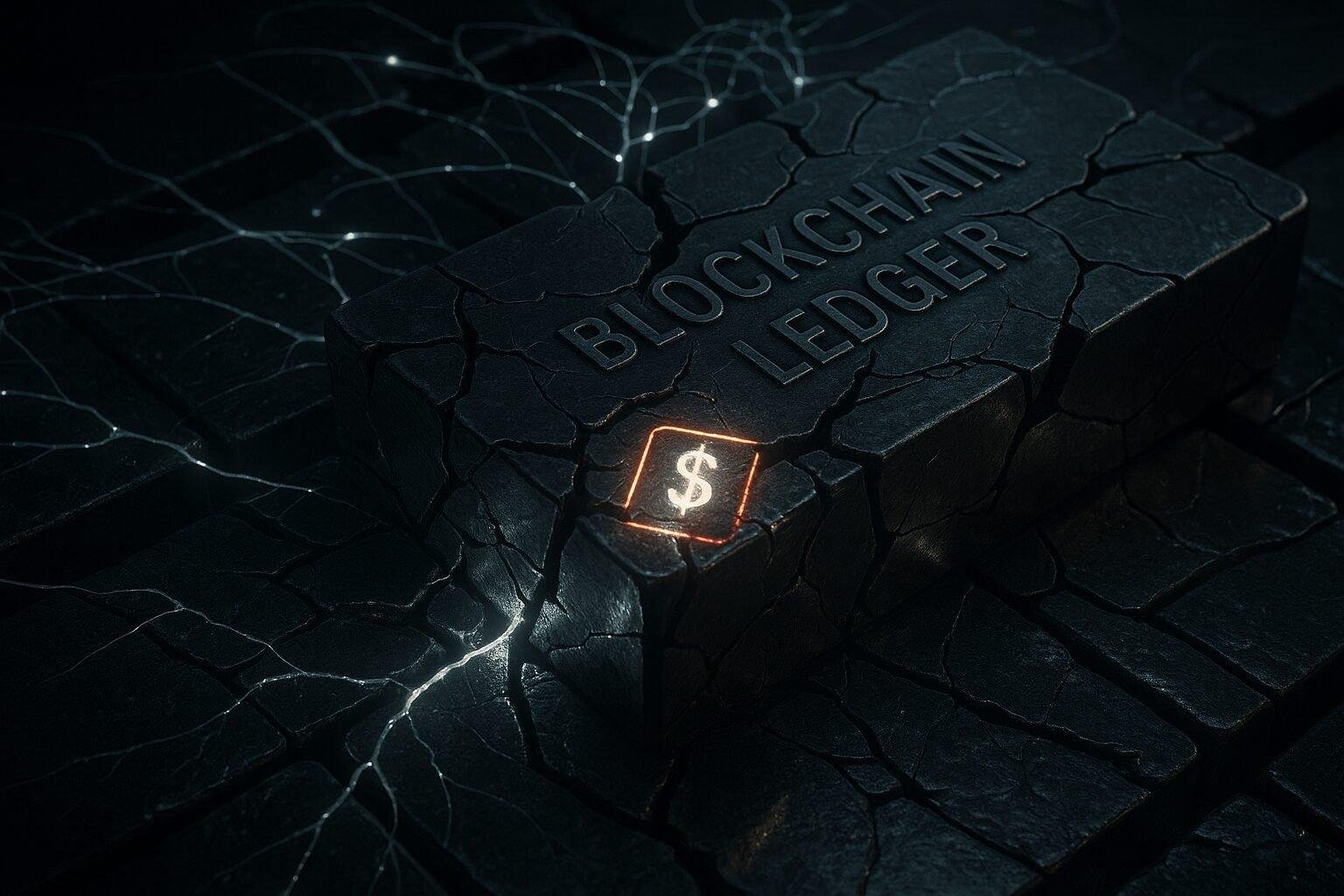 Photorealistic visualization of a blockchain grid fracturing as AI neural patterns penetrate through a tiny exploit gap.