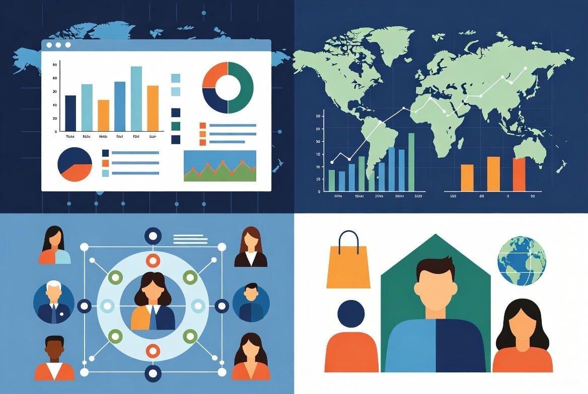 A clean, professional illustration showing AI analytics transforming consumer, marketing, and supply chain data into insights for a global consumer goods company. Include dashboards, data flows, and abstract consumer icons.