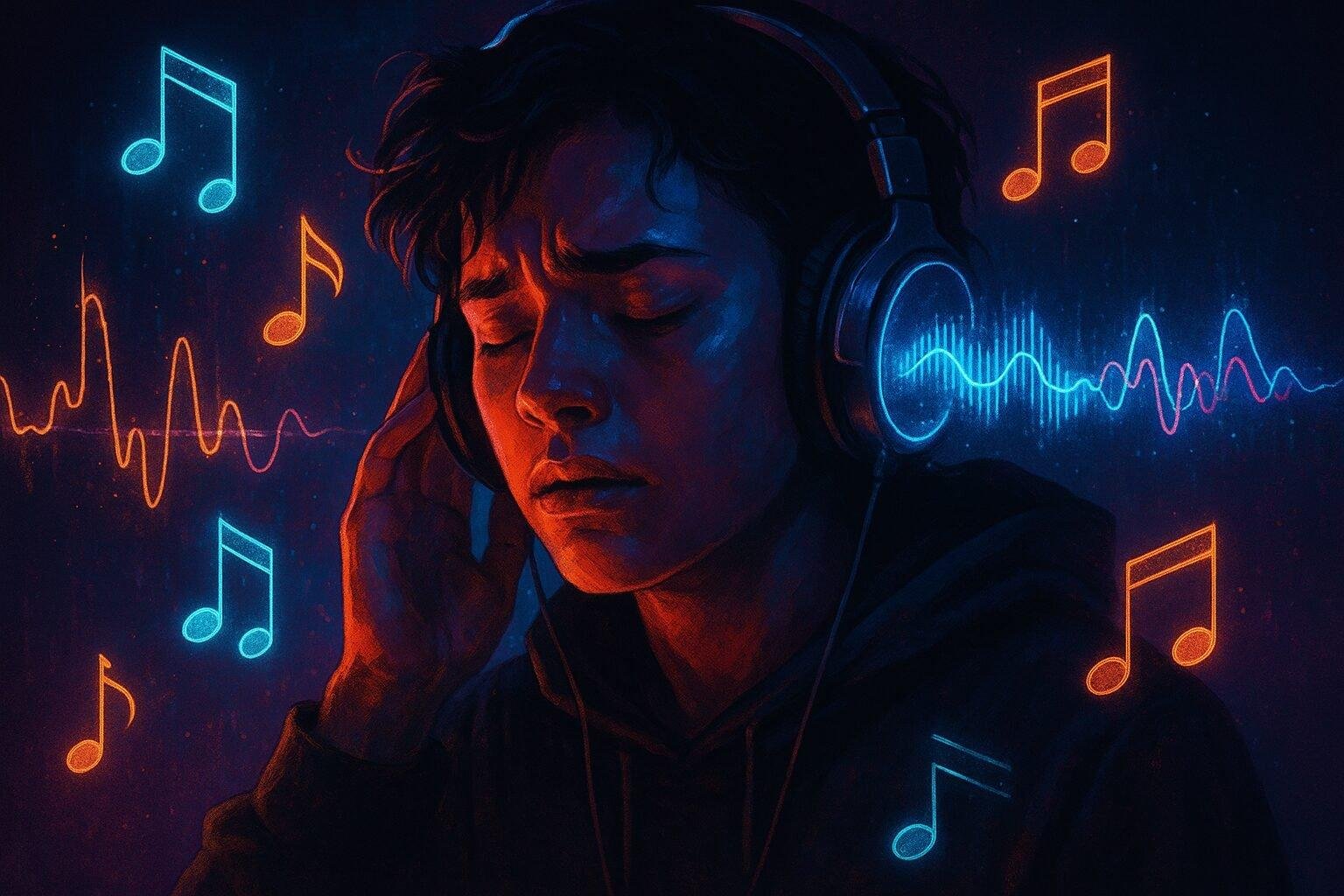 Person listening to AI-generated music, holographic sound waves visualize algorithmic patterns; emphasizes technical precision and emotional hollowness.