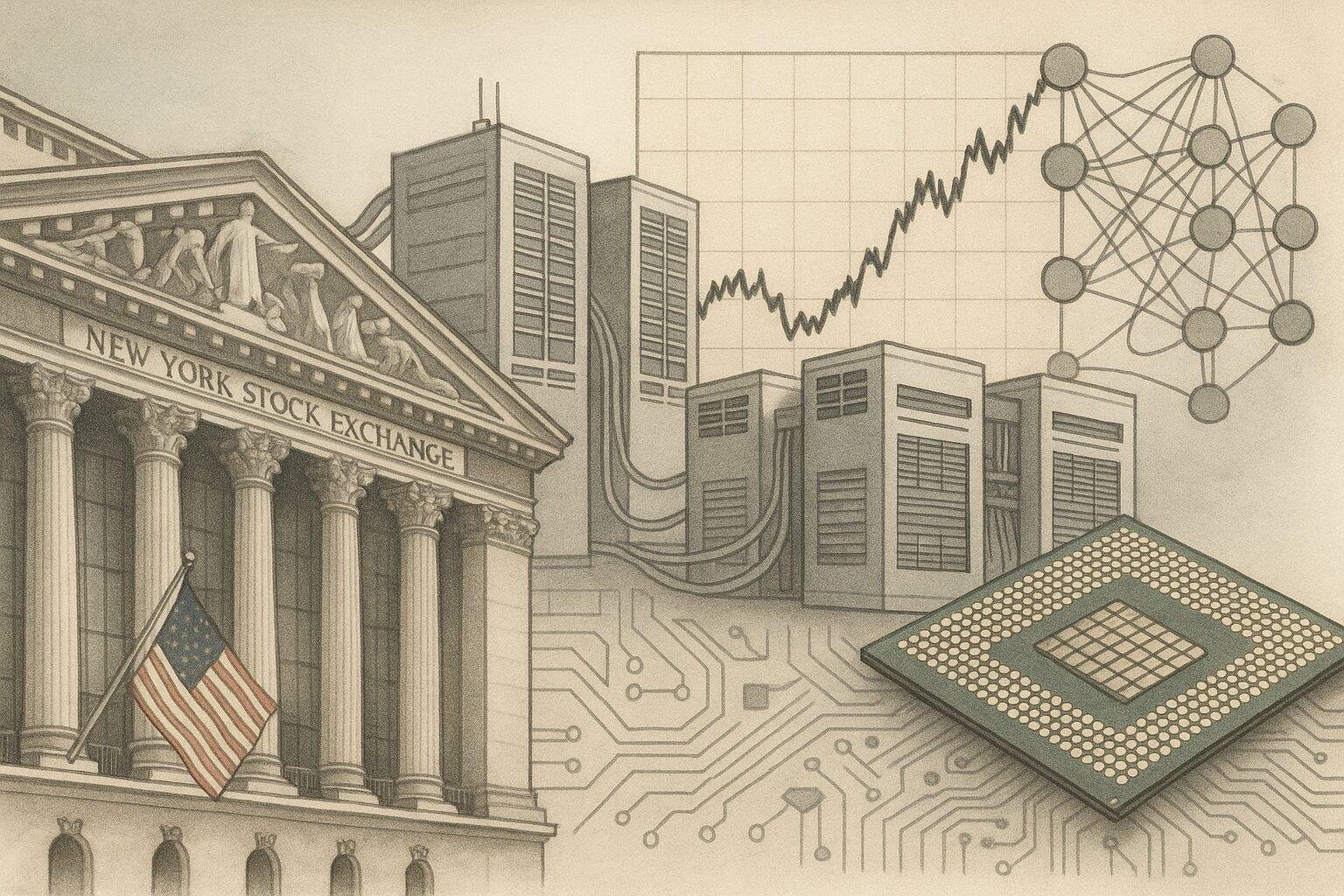 A realistic, editorial-style illustration showing U.S. financial markets intersecting with artificial intelligence infrastructure—data centers, semiconductor chips, stock charts, and abstract neural networks—balanced and analytical, not futuristic or exaggerated.