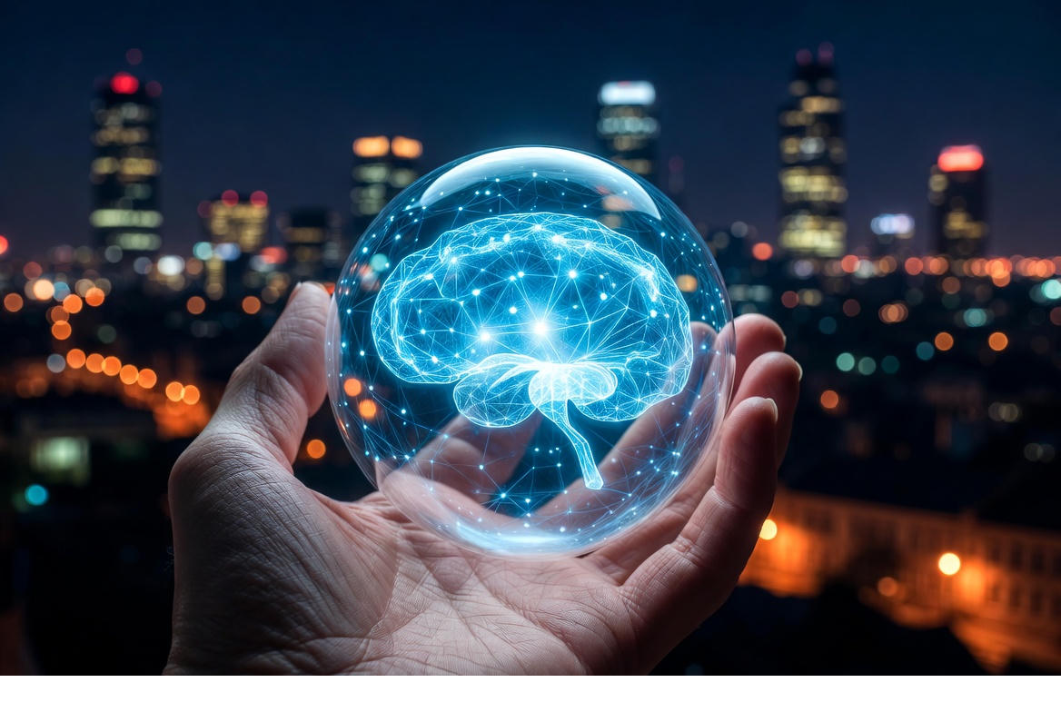 Hand holding glowing neural network sphere over a city skyline, representing both power and uncertainty in AI’s societal impact.