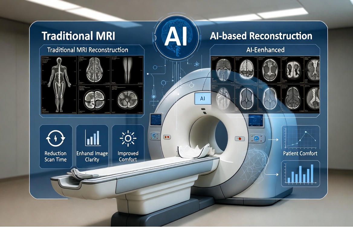 A clean, professional healthcare illustration showing a modern MRI scanner integrated with an AI interface. The image should visually compare traditional MRI reconstruction versus AI-based reconstruction, highlighting reduced scan time, enhanced image clarity, and improved patient comfort.