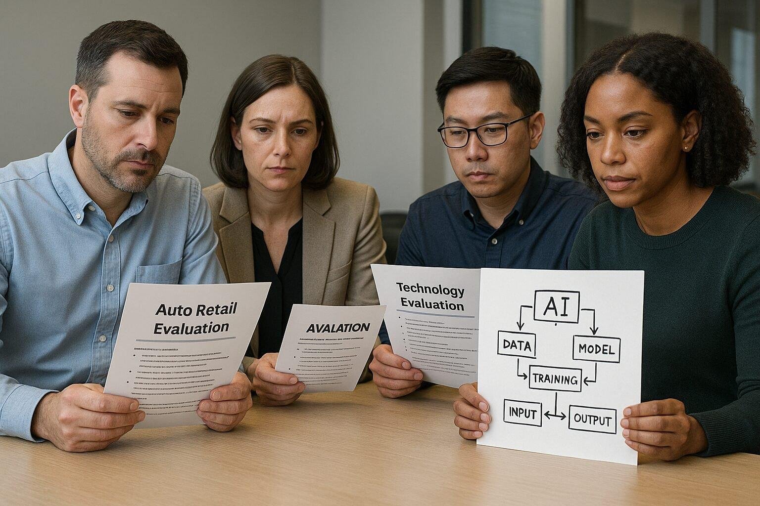 Illustration of teams in dealerships and tech firms reviewing AI procurement documents.