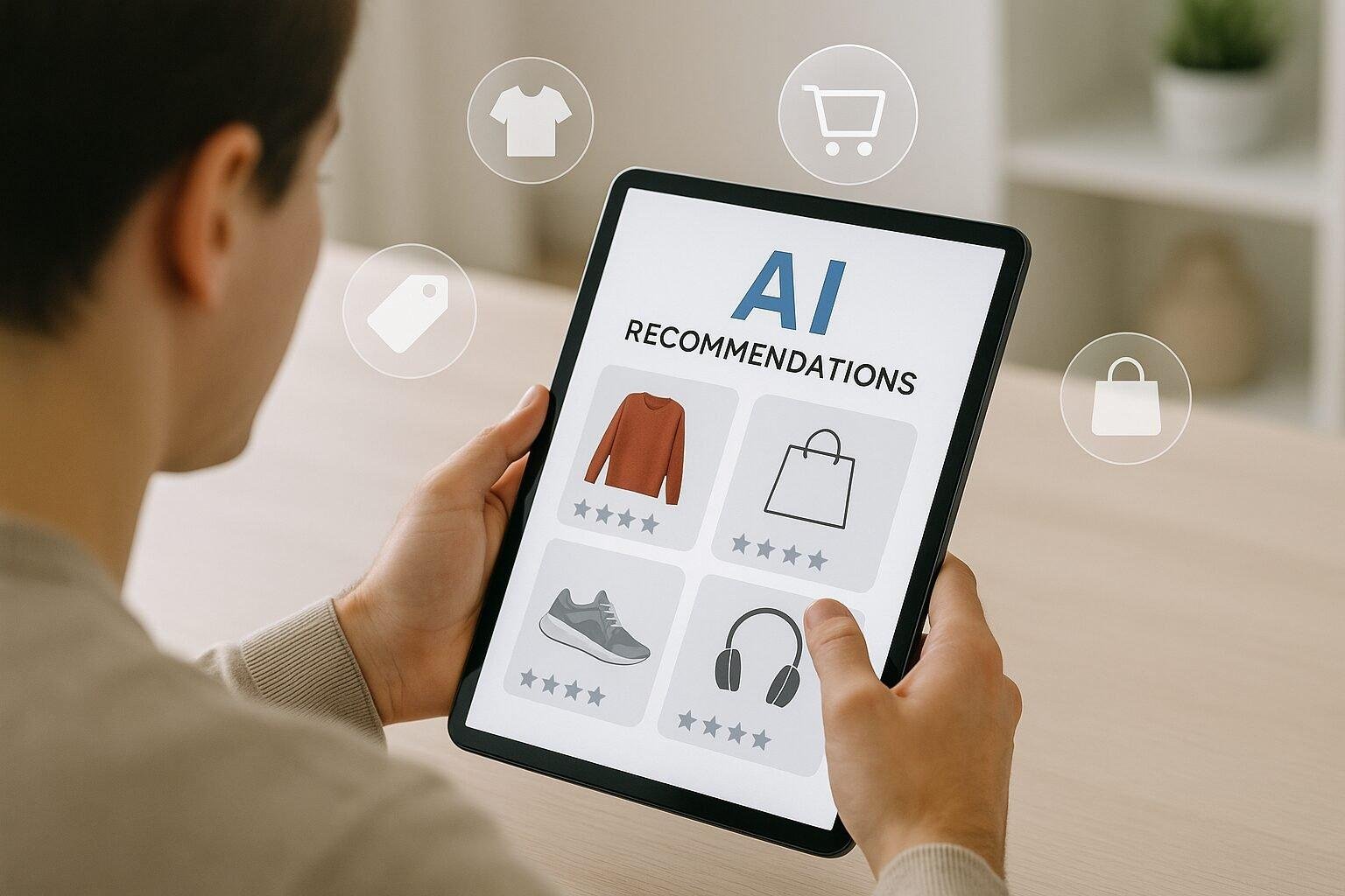 Shoppers exploring AI-powered personalized recommendations on a tablet in modern e-commerce setting.