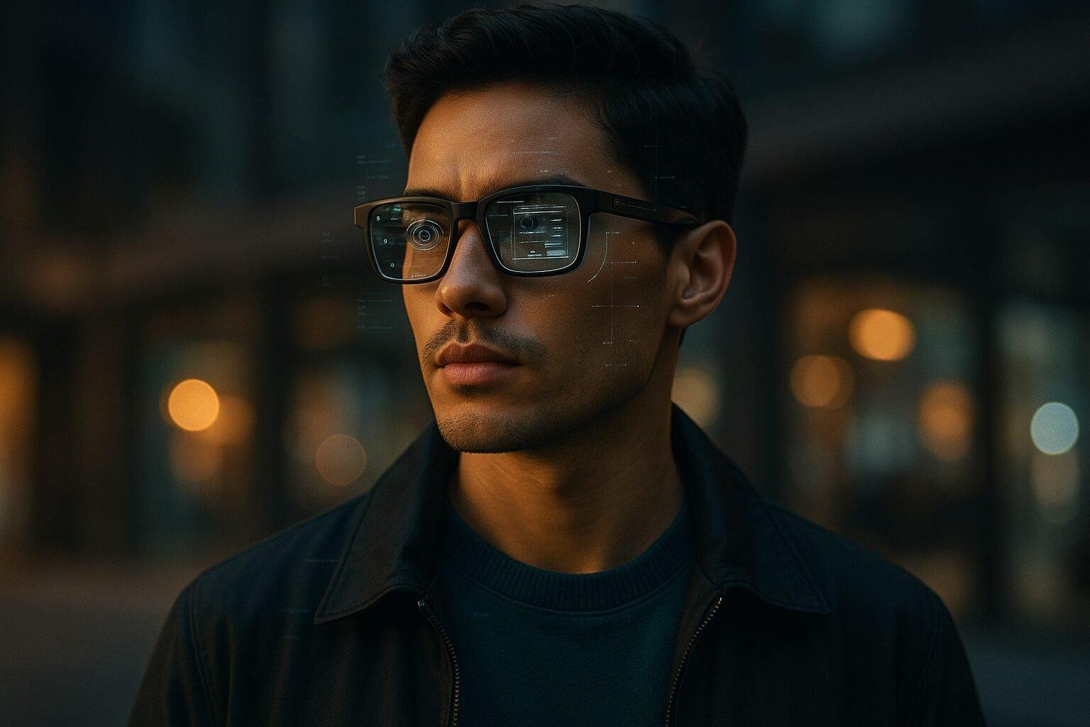 Stylish person wearing Warby Parker and Google AI smart glasses with AR overlays, showcasing wearable technology innovation for 2026.