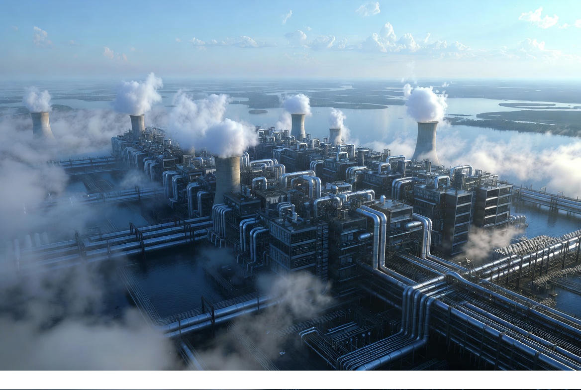 Photorealistic image of a hyperscale data center connected to water cooling systems with nearby river, symbolizing AI’s rising water demands.