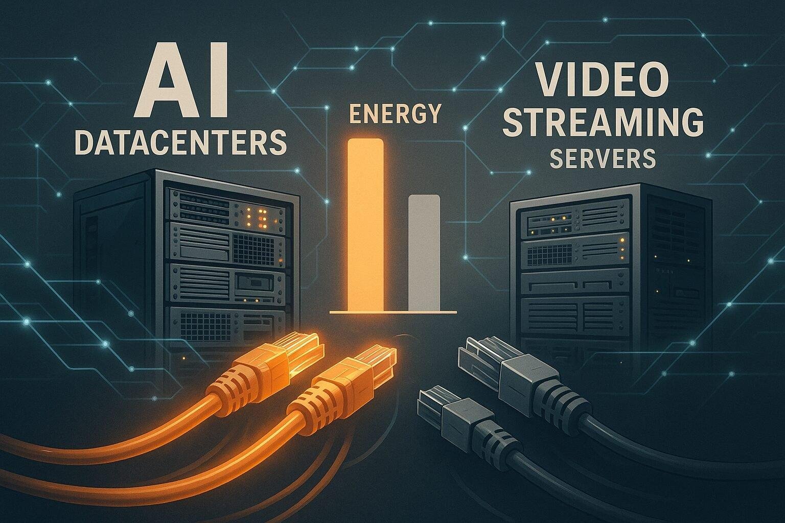 Illustration showing side-by-side comparison of AI datacenter vs streaming bandwidth servers with energy usage bars and fiber cables.