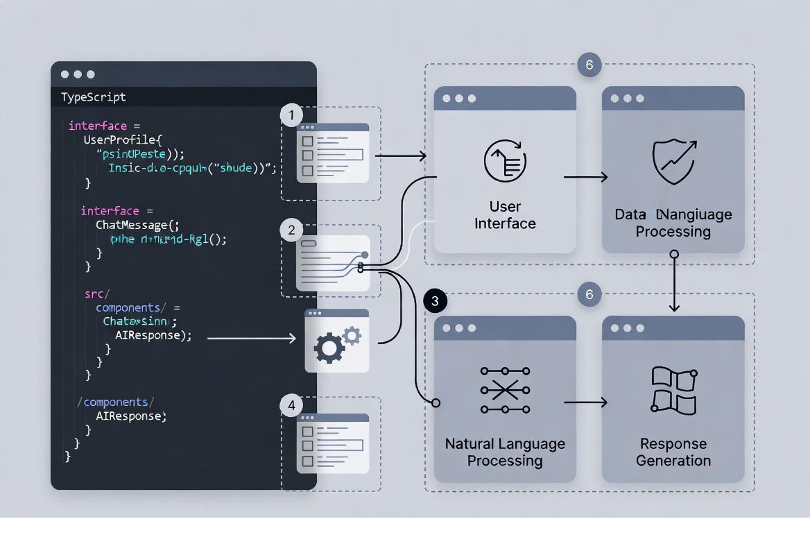 A clean, modern vector illustration showing a structured TypeScript codebase on one side and modular AI agents on the other, connected by clear data flows. Visual elements include typed schemas, tool interfaces, and workflow steps. Minimalist, enterprise-grade design, no human figures, neutral color palette with blue and gray tones.