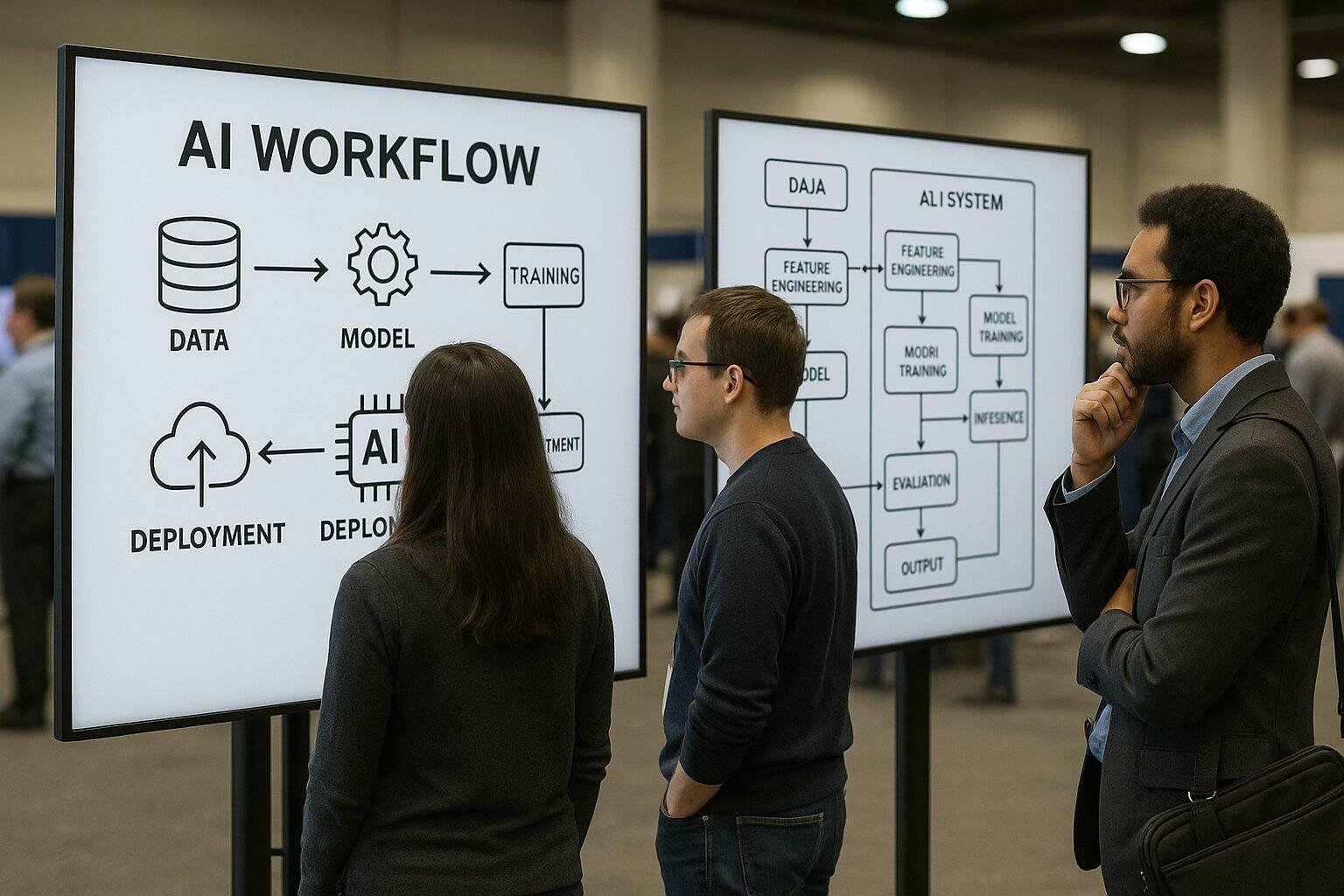Illustration of developers reviewing agentic AI workflows at Microsoft Ignite 2025.