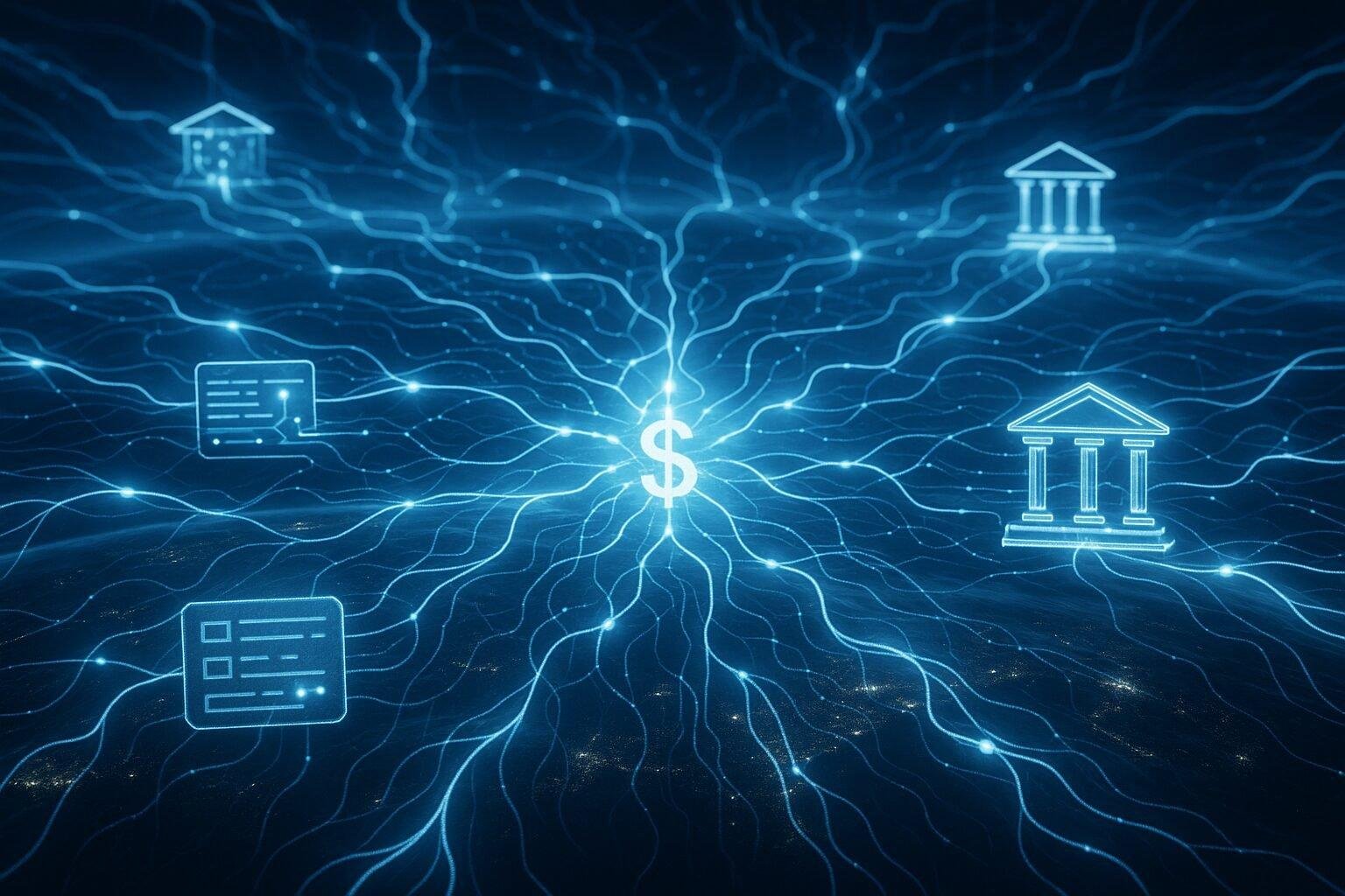 Global payment networks with AI-driven nodes and data pathways representing autonomous financial routing.