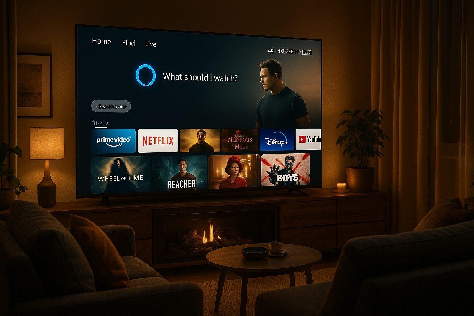 Fire TV screen displaying Alexa+ Scene Search with scene cards and voice interface for navigating Prime Video.