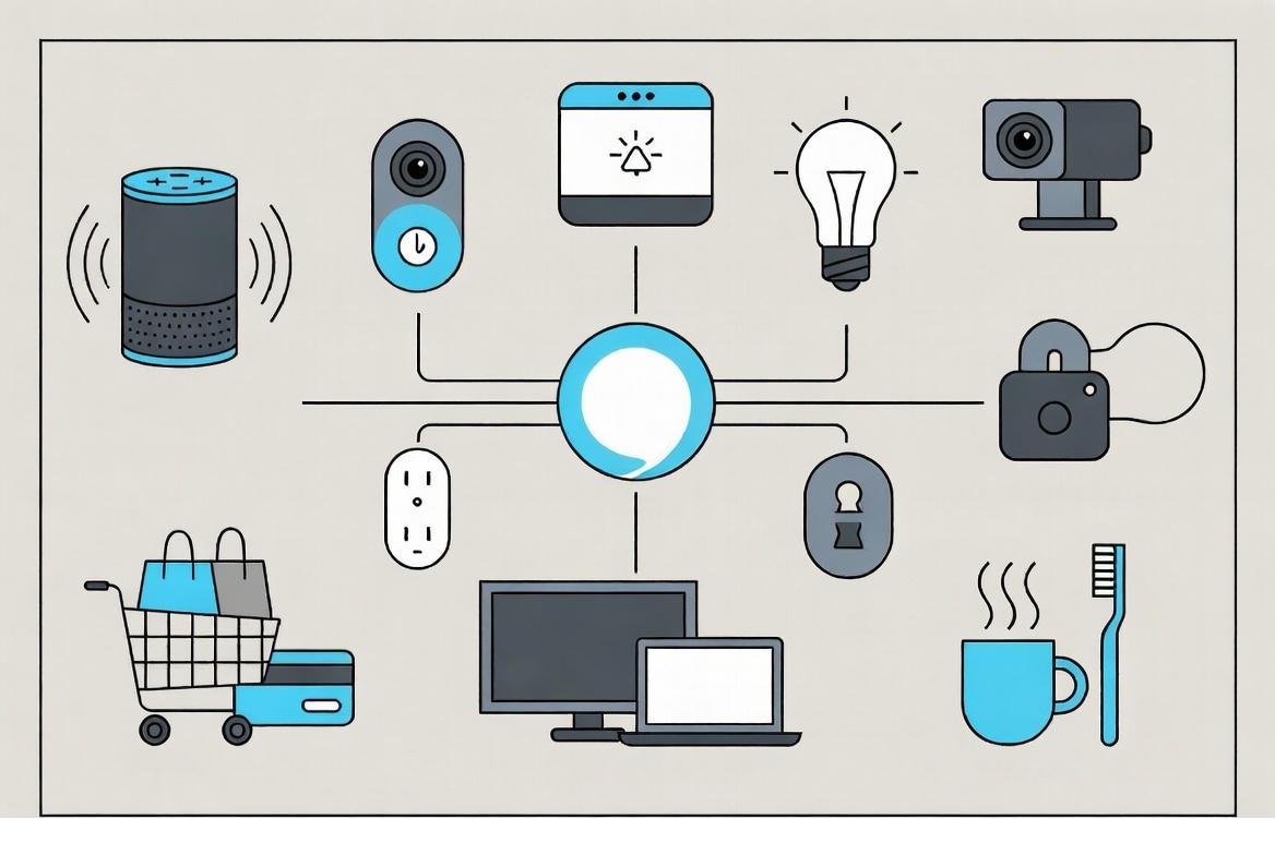Minimal vector illustration showing Alexa at the center, connected to smart home devices, shopping, entertainment, and daily routines through clean, structured lines