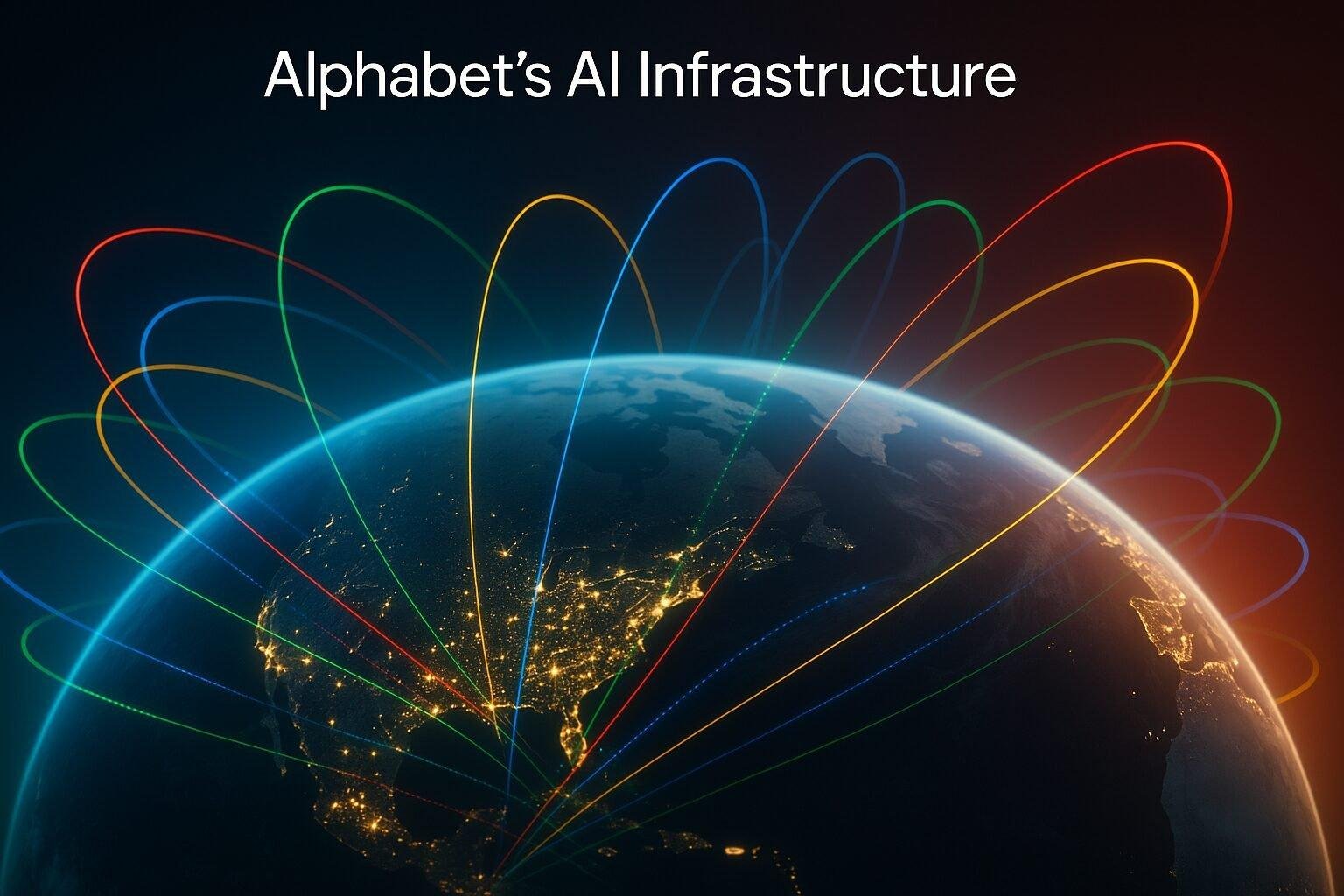Editorial illustration of Alphabet’s global AI infrastructure with data streams and subtle Google-colored visual elements.