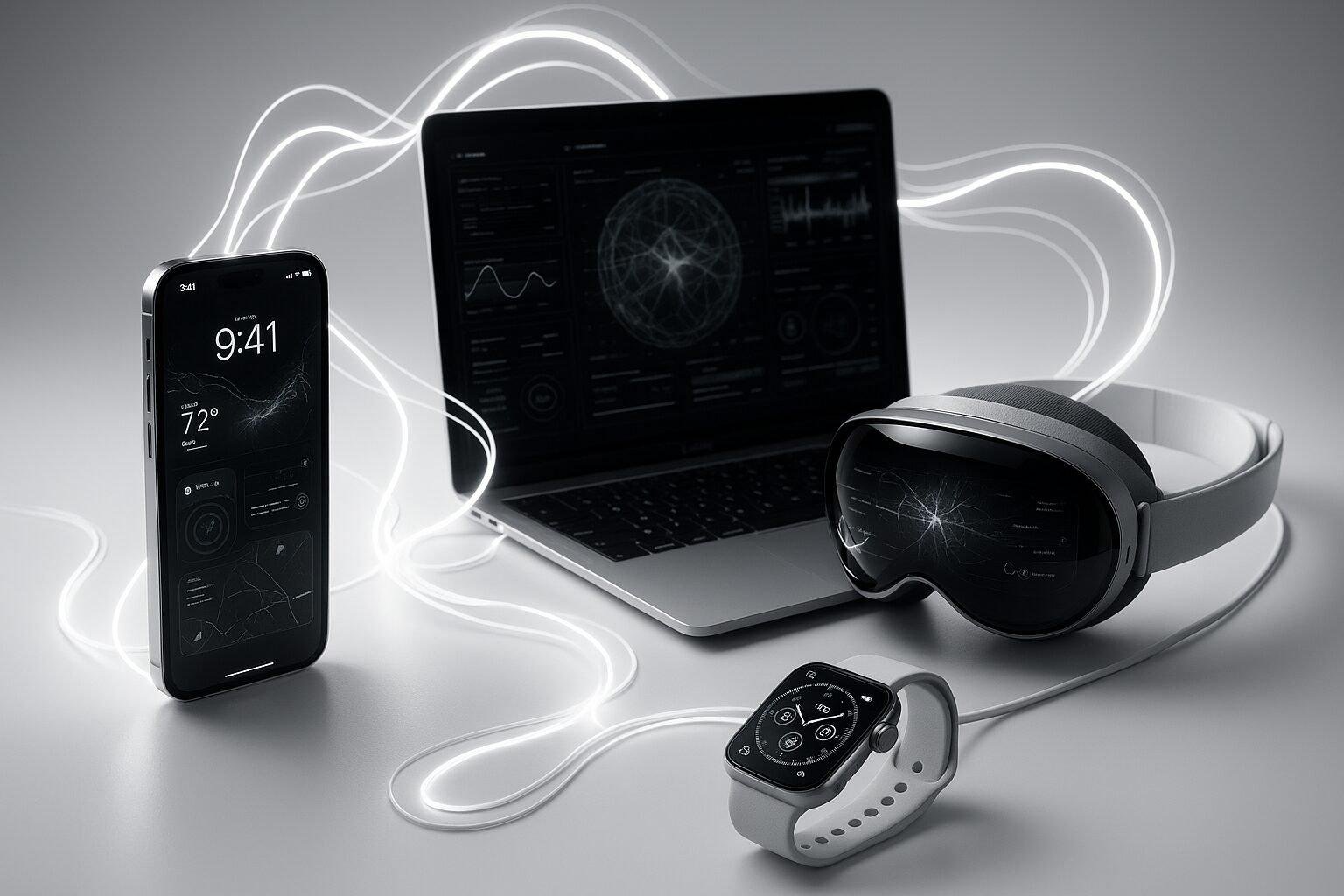 Image of Apple devices connected by neural-like light patterns symbolizing integrated AI across hardware and user ecosystem.