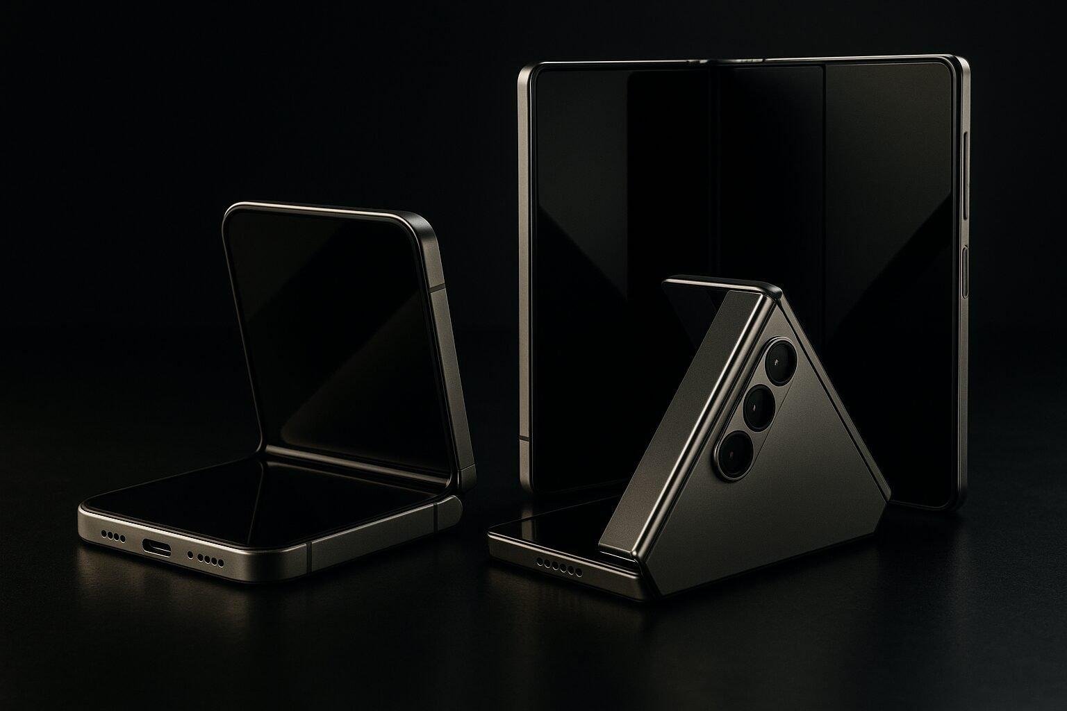 A photorealistic editorial image showing Apple and Samsung foldable smartphones displayed in half-open positions on a reflective surface.