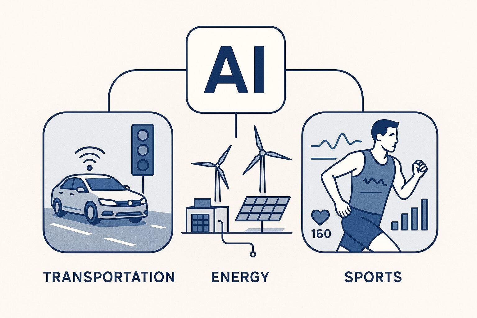 A clean, professional illustration showing artificial intelligence connecting three sectors: transportation (autonomous vehicles, smart traffic systems), energy (smart grids, wind turbines, solar farms), and sports (athletes with performance analytics overlays).
