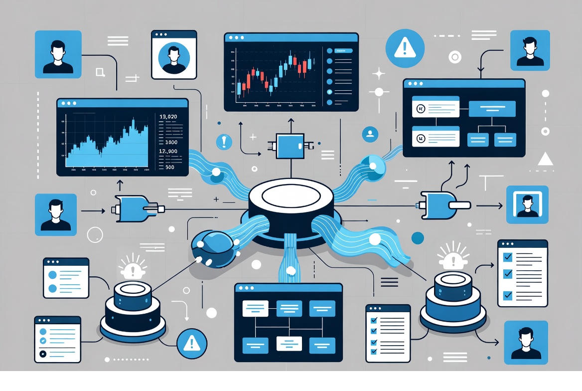A clean, professional vector illustration showing a modern financial ecosystem where AI systems operate independently: algorithmic trading dashboards, automated loan approvals, fraud detection nodes, and compliance monitoring engines connected by data flows.