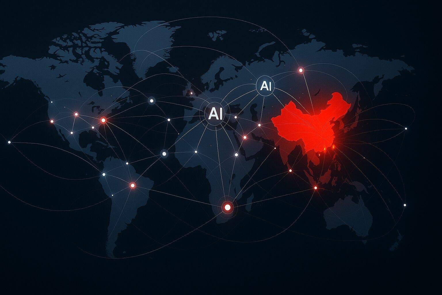 Illustration showing China highlighted on a world map with expanding AI network lines representing its 13% share of global open-source models.